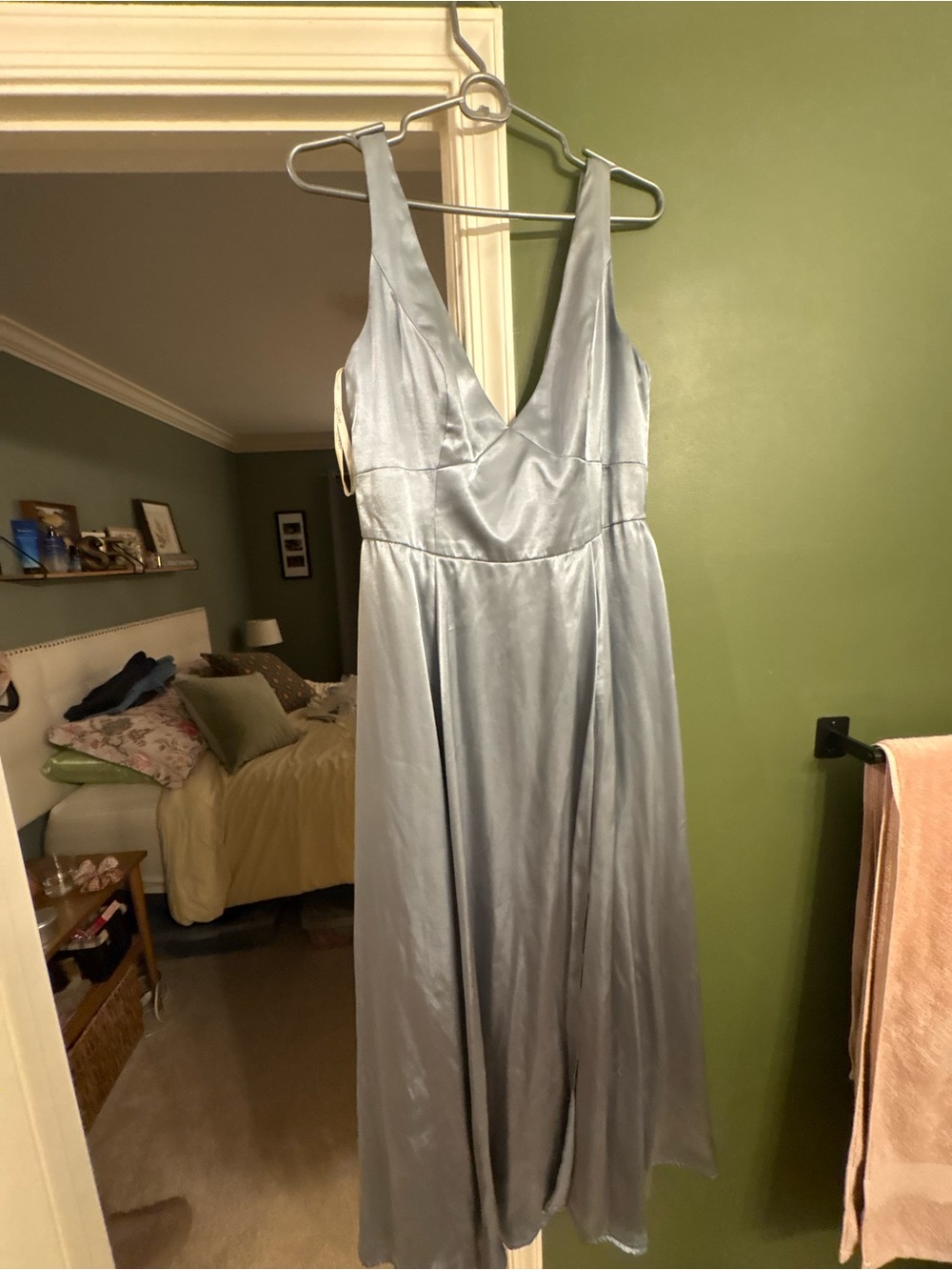 Lina Satin V-Neck Maxi Dress in Light Blue
